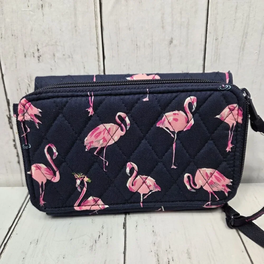 Vera Bradley Pink Flamingo Quilted Wallet Navy Blue RFID Multi Compartment GUC